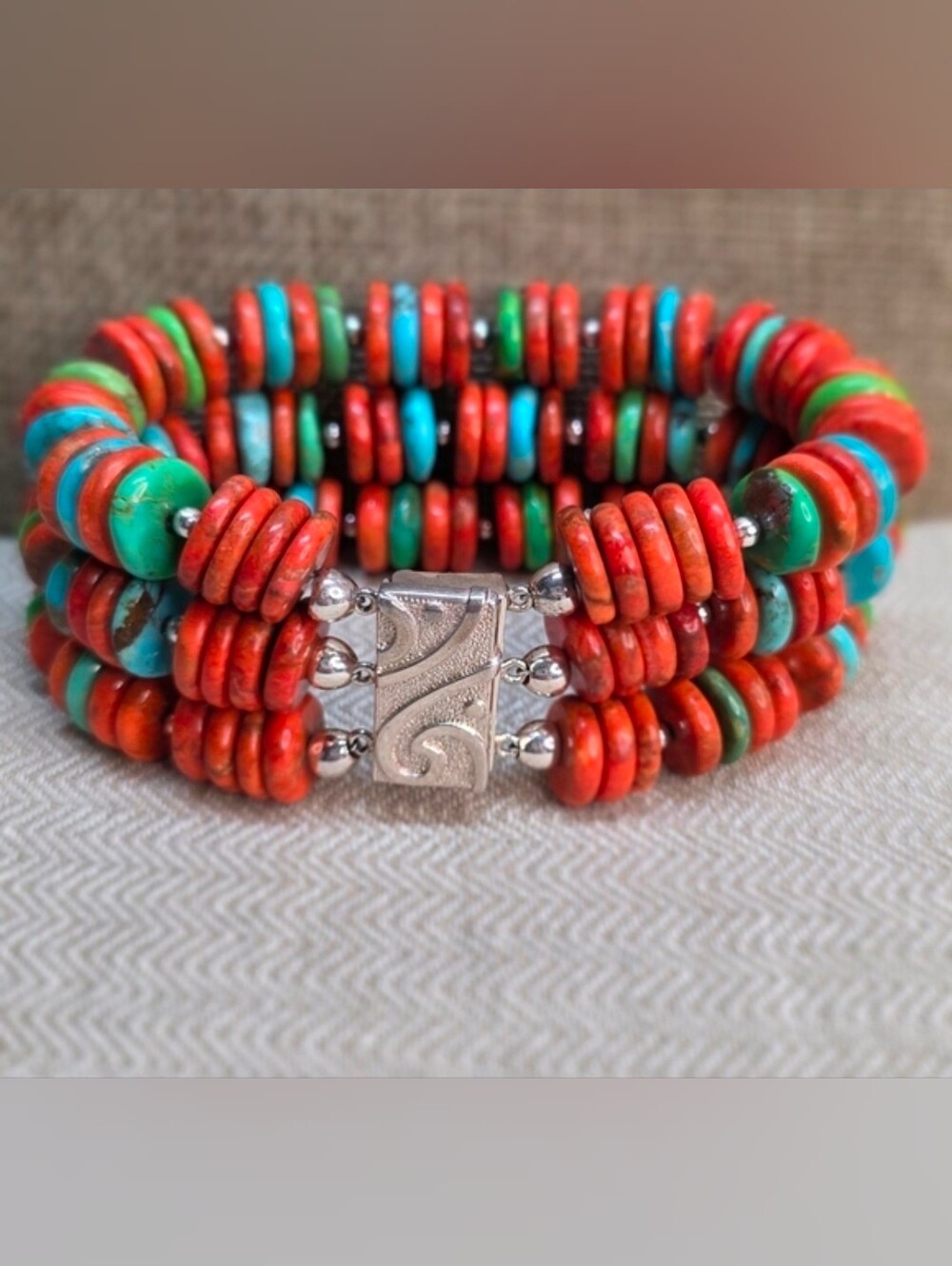 Jay King Coral and Turquoise Multistrand Disk Bead Bracelet